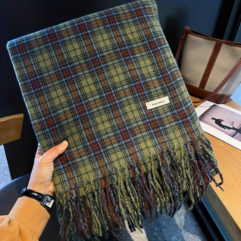 Cashmere Scarf Wrap - Sciarpa con nappa scozzese verde vintage